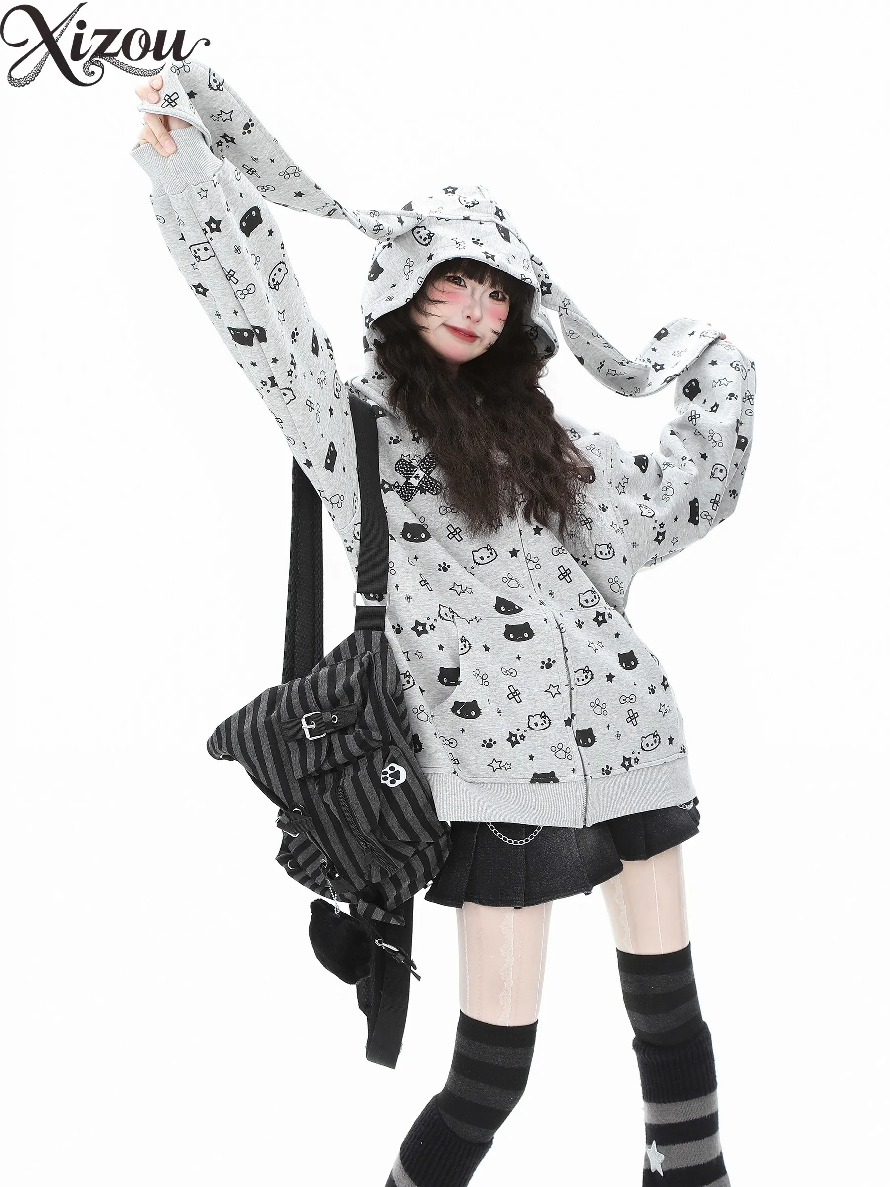 

Y2K Kawaii кроличьи уши кошачья толстовка женская флисовая подкладка на молнии повседневная толстовка толстые 2025 толстовки с карманом на молнии