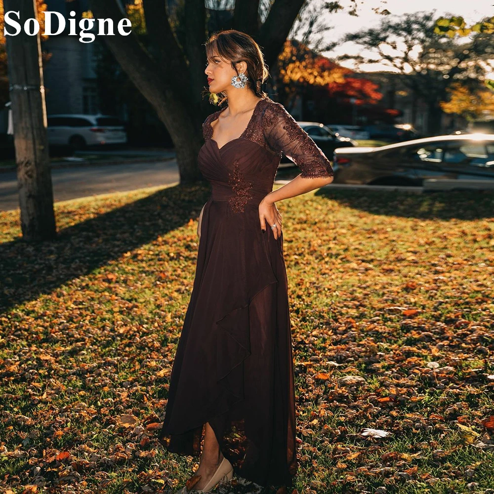 SoDigne Vintage Brown Lace Evening Dresses Sweetheart Draped Appliques Half Sleeve Ankle Length Party Dress Prom Gown Customized