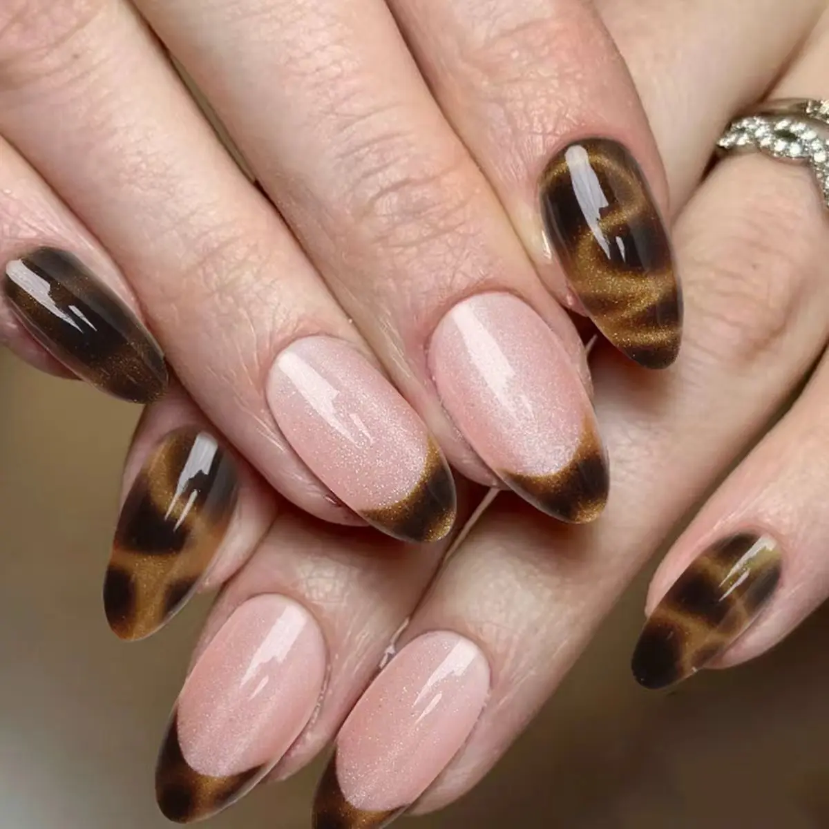 

24Pcs Fake Nails Leopard-Print Cat-Eye French Manicure Simple Almond Shape Press-On Nail Tips Perfect Gift for Women and Friends