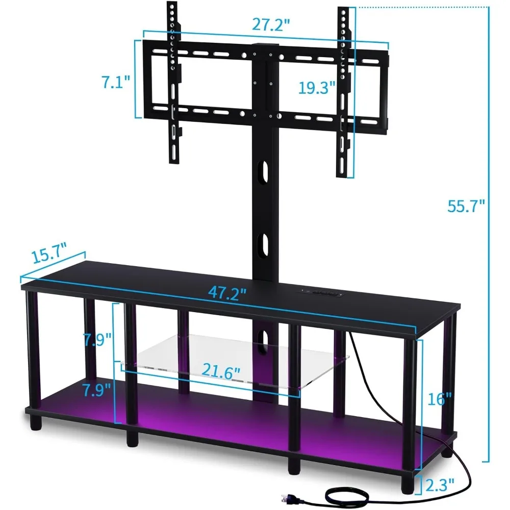 Centro de entretenimento preto com luzes LED e tomadas de energia para TVs de 32 a 70 polegadas