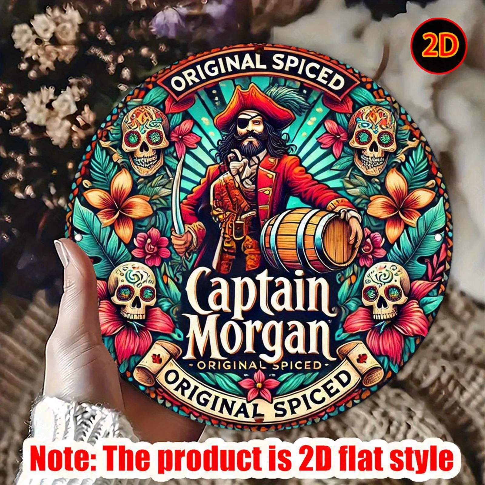 مسطح ثنائي الأبعاد - لافتة معدنية مستديرة كابتن مورغان كاريبيان سبيريت - لوحة فنية جدارية نابضة بالحياة من الألومنيوم بتصميم زهور وجمجمة، مثالية لـ