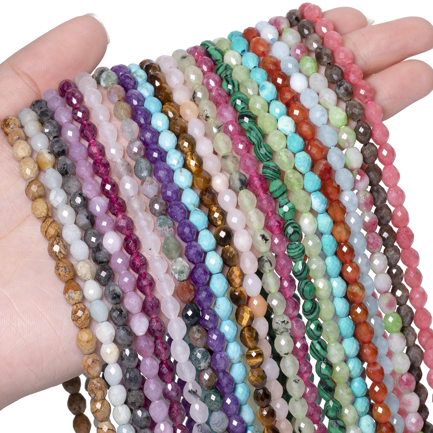 

Natural Faceted Jades Agates Amazonite Quarts Stones Round Loose Spacer Rice Bead for Jewelry Making DIY Bracelet Accessories
