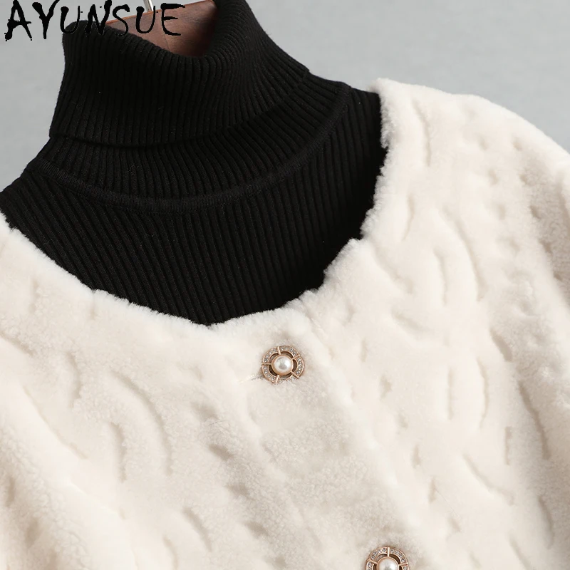 เสื้อโค้ทขนสัตว์แท้ 100% ยี่ห้อ AYUNSUE สำหรับผู้หญิง แจ็คเก็ตขนแกะแท้ เสื้อผ้าฤดูใบไม้ร่วงและฤดูหนาว เสื้อคลุมขนสัตว์ผสมสำหรับผู้หญิง เสื้อคลุมด้านนอก