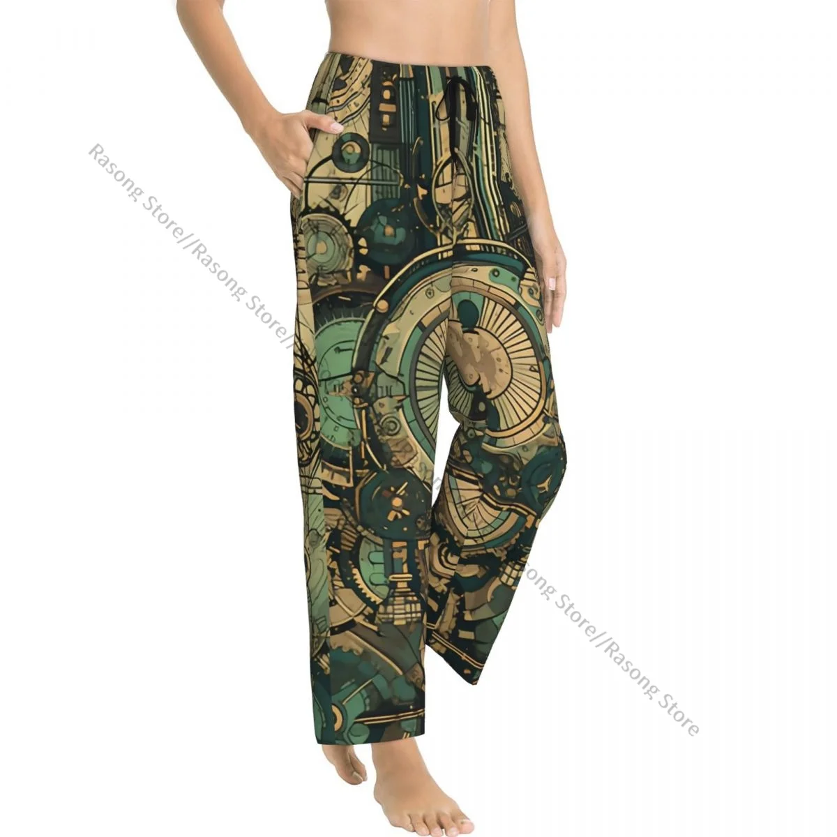 Cozy Flannel Pajama Pants for Women Steampunk Gears Cogwheels Elements Sleep Bottoms Home Loungewear 2