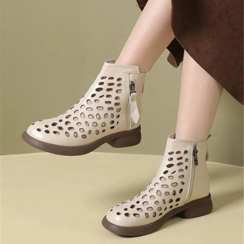 

Летние ботильоны 2025 года, обувь из натуральной кожи, женские сандалии на среднем каблуке, ботинки с молнией сзади