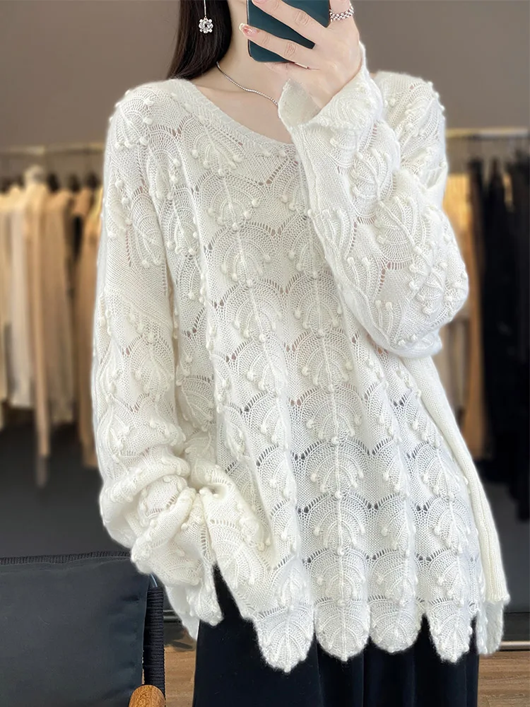 

New Fashion 100% Merino Wool Women Sweater Autumn Winter Knitted Pullover Hollow Out Jumper Long Sleeve Cashmere Clothing Tops