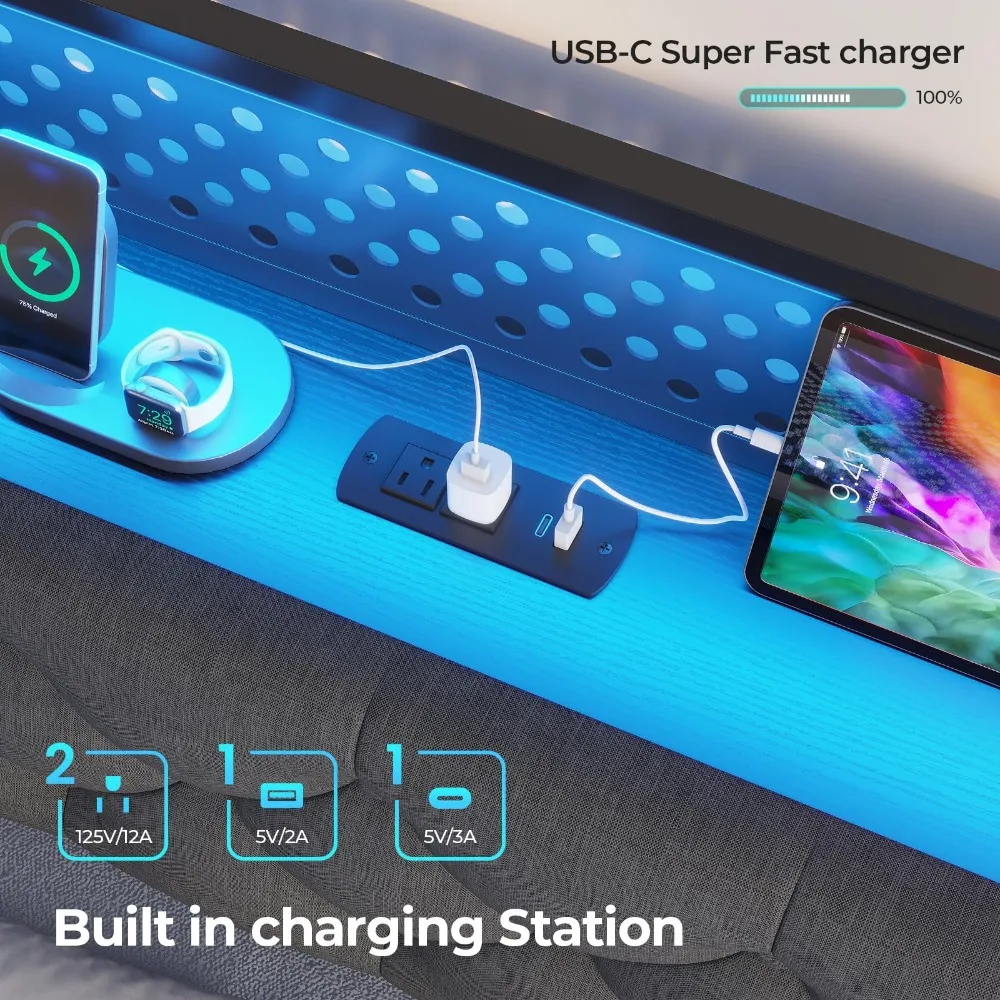 Floating Bed Frame Full Size with LED Lights Headboard, Floating LED Bed Frame with Hidden Storage and USB Port Charing Station