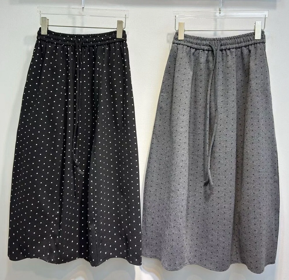 High Quality New Long Winter Skirt 2025 Autumn Winter Lady Elastic Waist Polka Dot Print Pocket Patchwork Casual Vintage Skirt