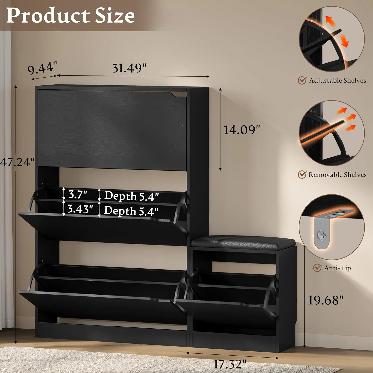 Shoe Cabinet with Bench and 3 Flip Drawers, Slim Narrow Shoe Storage Cabinet, Freestanding Shoe Rack Organizer, Customized