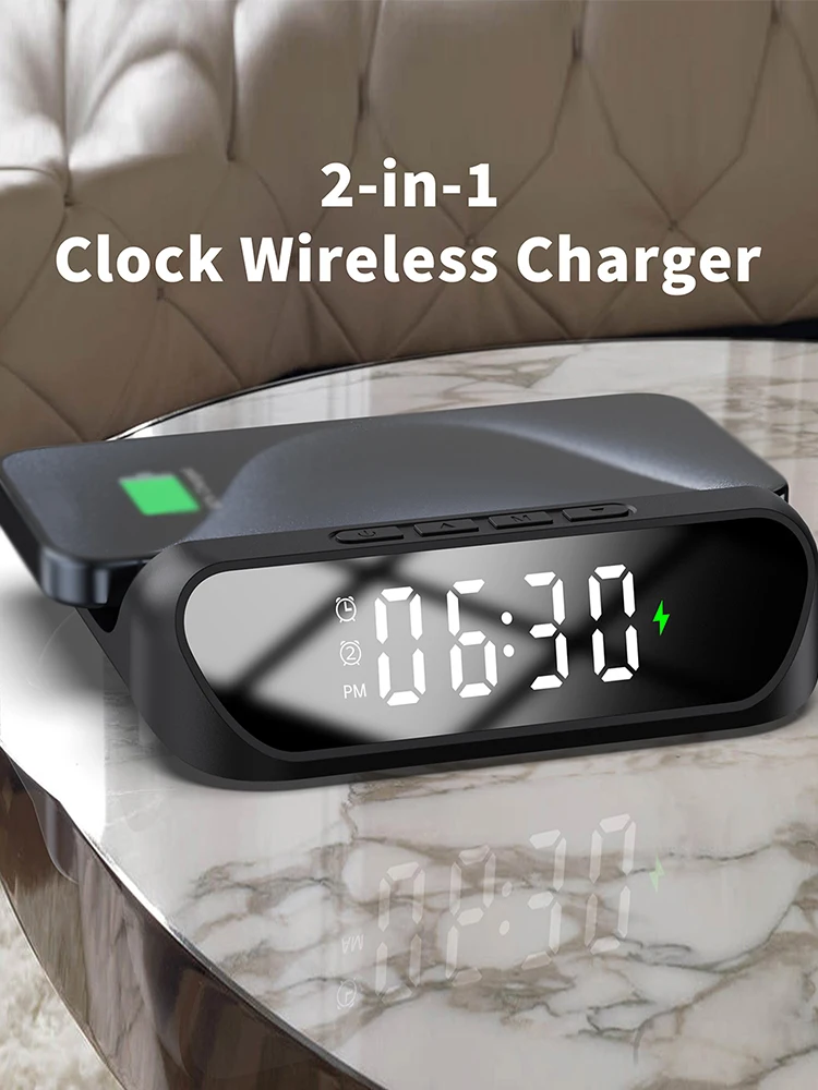 Multi-functional charger, desktop clock mobile phone wireless charger, digital display 2-in-1 clock wireless charger, one put an