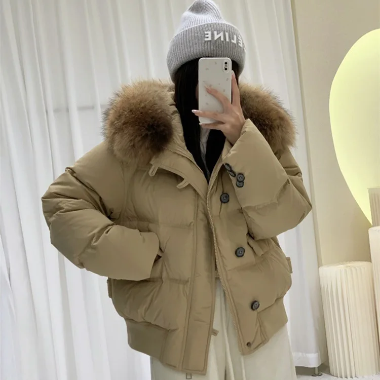 Parka de nieve de piel de zorro auténtica para mujer, chaqueta de plumón de pato blanco con cuello de lana, abrigo de invierno holgado y grueso de talla grande, prendas de vestir