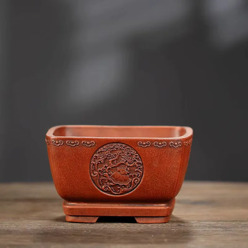 

Small Purple Sand Bonsai Pot, Chinese Carved Pattern,Small Flower Moss Planting,Garden Decoration,Red Amber Color