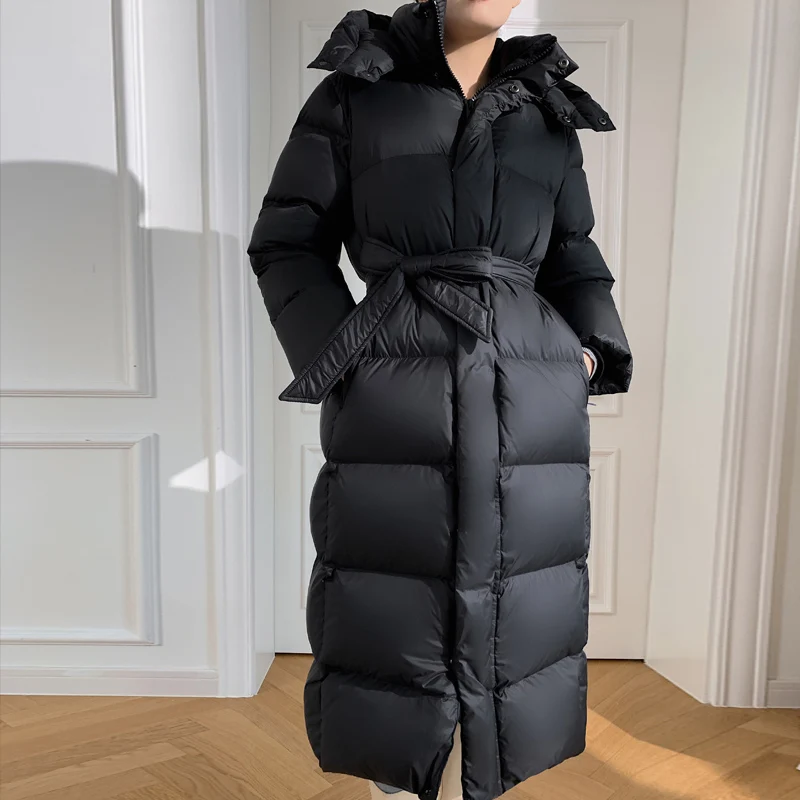 Chaqueta gruesa de plumón de ganso para mujer, Parka larga con capucha, abrigo informal de invierno, 30 ℃, 2024