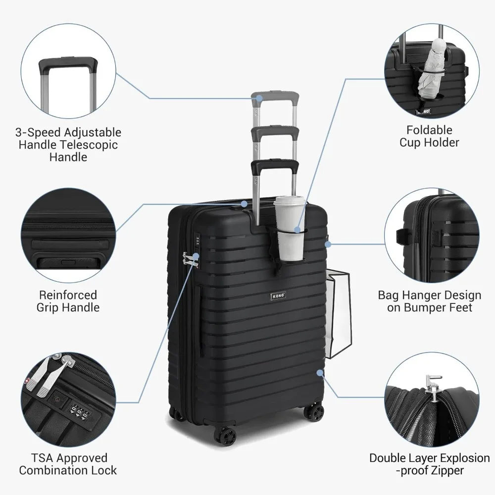 Expandable 20 Inch Spinner Luggage with Durable Hardside and Hidden Cup Holder, Lightweight for Travel