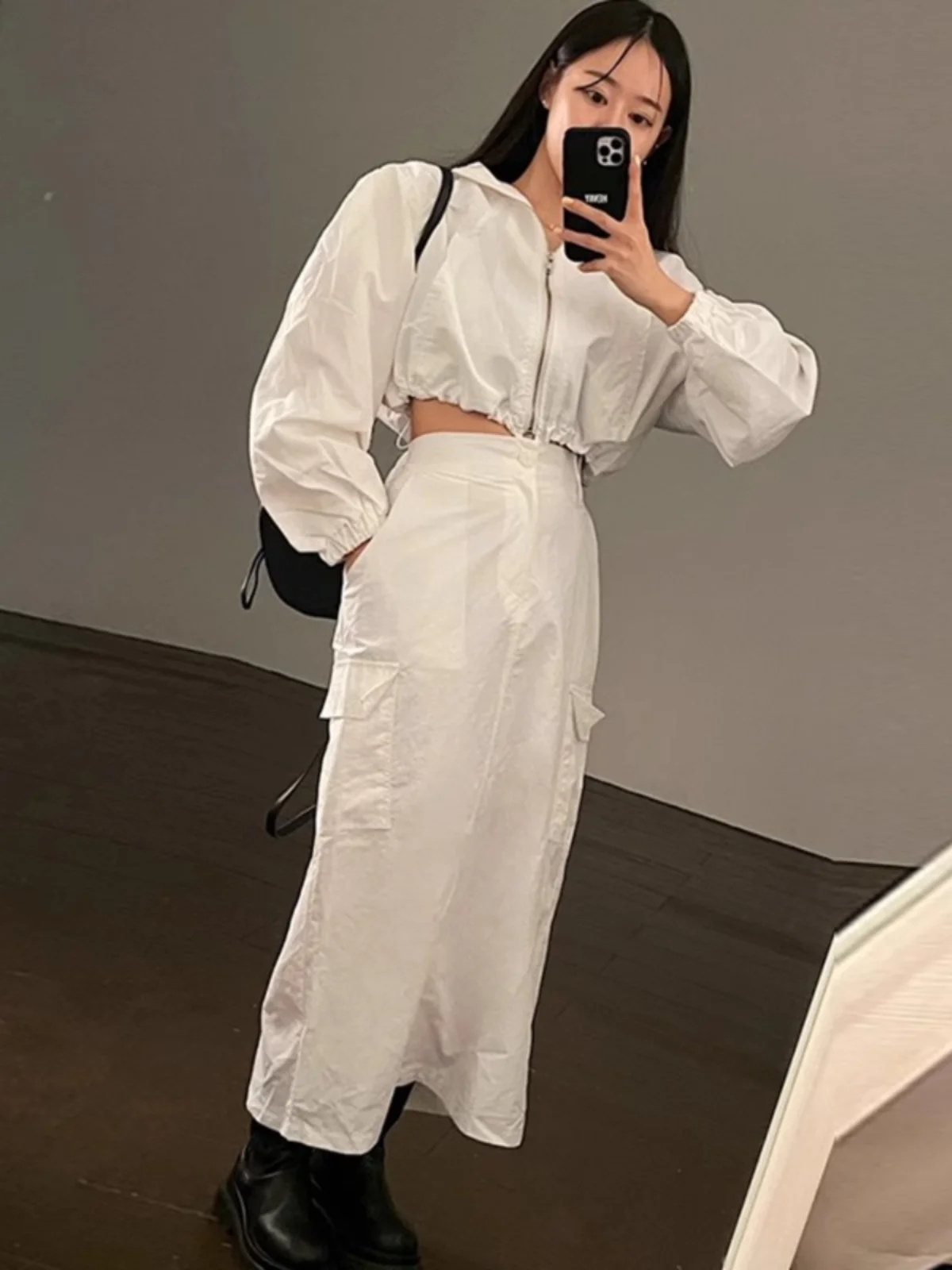 

Корейский женский модный комплект Ele: куртка с защитой от солнца и юбка с высокой талией, на молнии, с воротником-стойкой