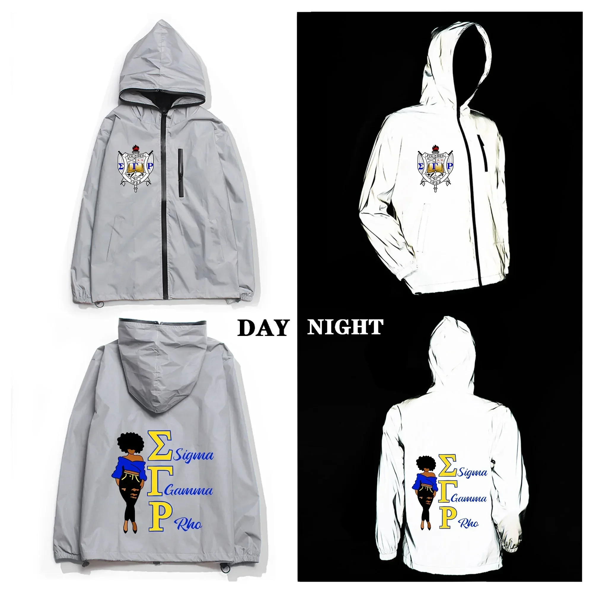 Sigma Gamma Rho Reflective Jacket Mens Womens Coat Hooded Windbreaker Run Pocket Jackets Cycling Hiking Zipper Custom Hoodie