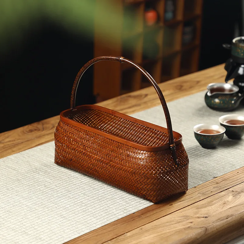 Handmade bamboo lacquer basket Bamboo fruit basket, desktop tea set storage basket, Chinese retro jewelry finishing box
