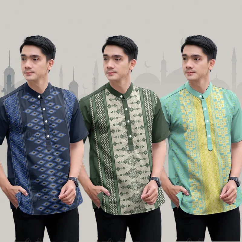 Henley Batik Shirt Muslim Men Baju Raya 2025 3D Printed Stand Collar Short Sleeve Top Adult Men's Kurta, Men's Shirt