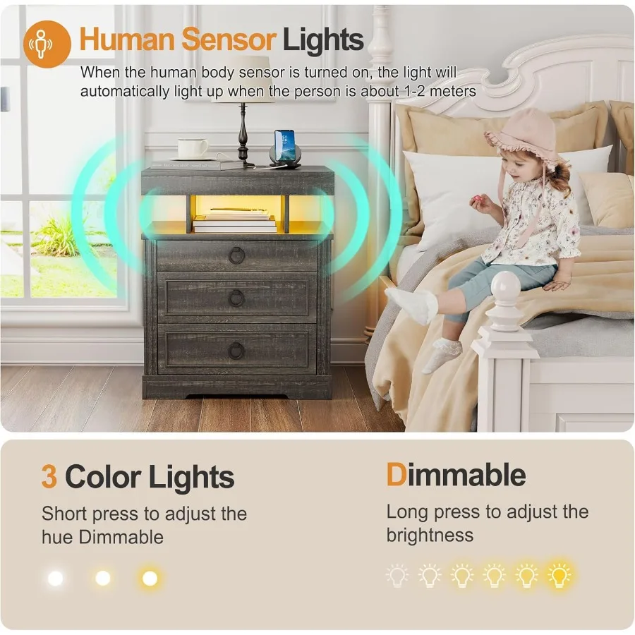 مجموعة من 2 منضدة مع درج مسدس قابل للقفل 3 طاولة نهاية LED قابلة للتعتيم مع محطة شحن طاولة بجانب السرير للمزرعة مع H