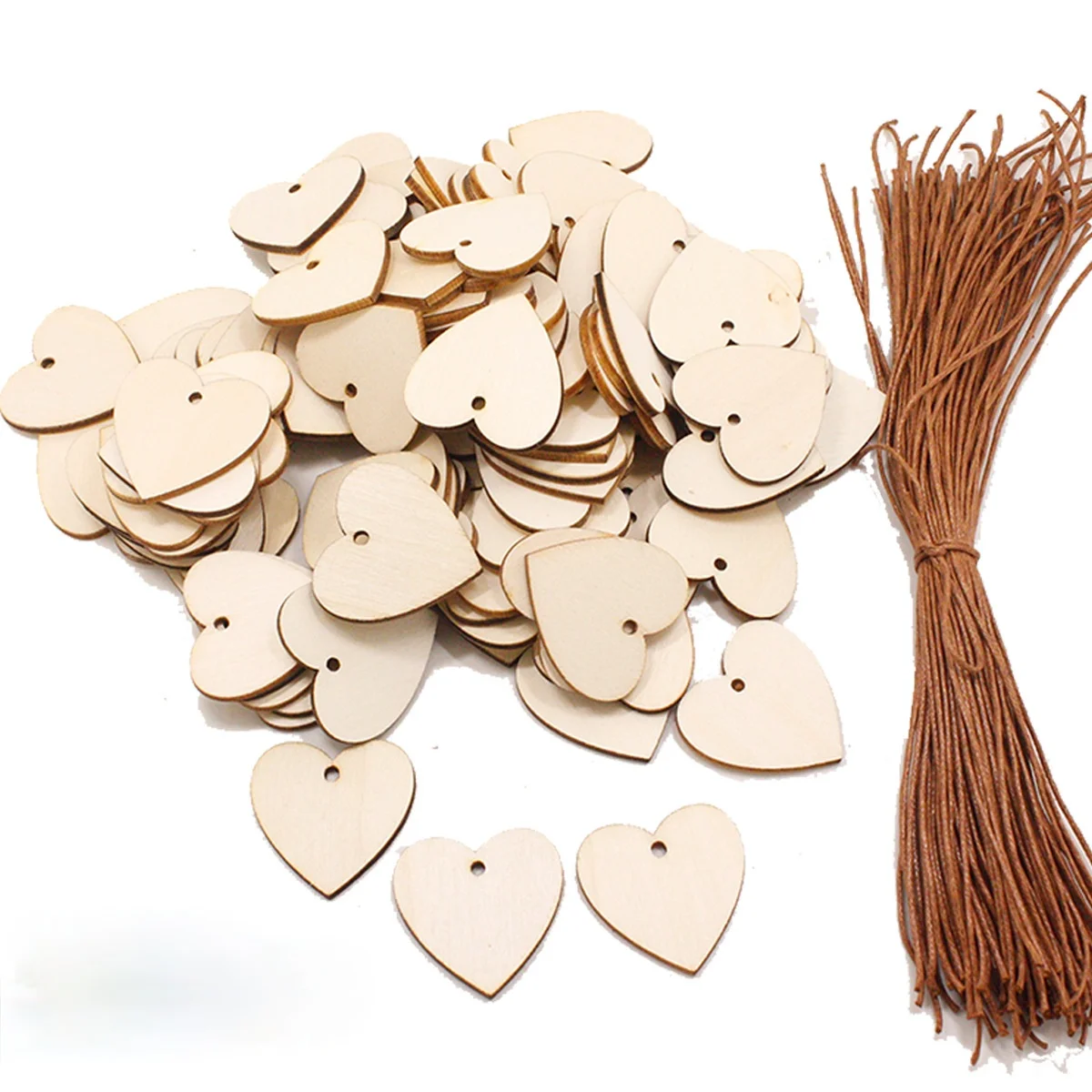 50pcs Unfinished Wooden Heart Slices Blank Wood Heart with Holes Wood Slices Embellishments Ornaments for Wedding Party Decor