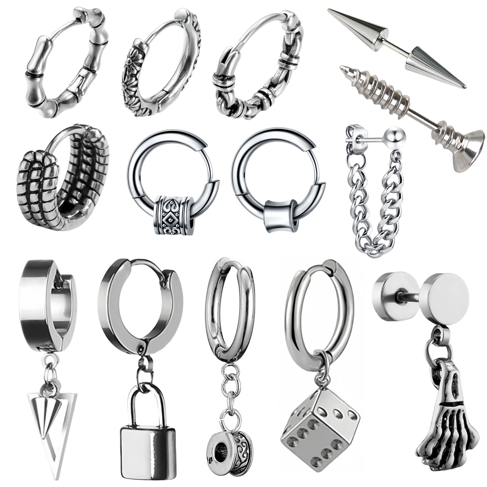 1Pair Goth Punk Skull Lock Dice Chain Unusual Stainless Steel Male Woman's Piercing Hoop Earring for Man Jewelry New In Vintage