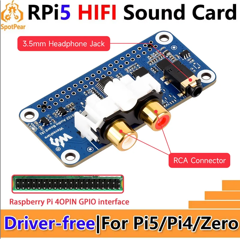 

Raspberry Pi PCM5122 I2S ЦАП HIFI Звуковая карта ЦАП Плата расширения звука Бесплатный драйвер для аудиоплаты PI5/PI4/Zero PCM5122 (A)