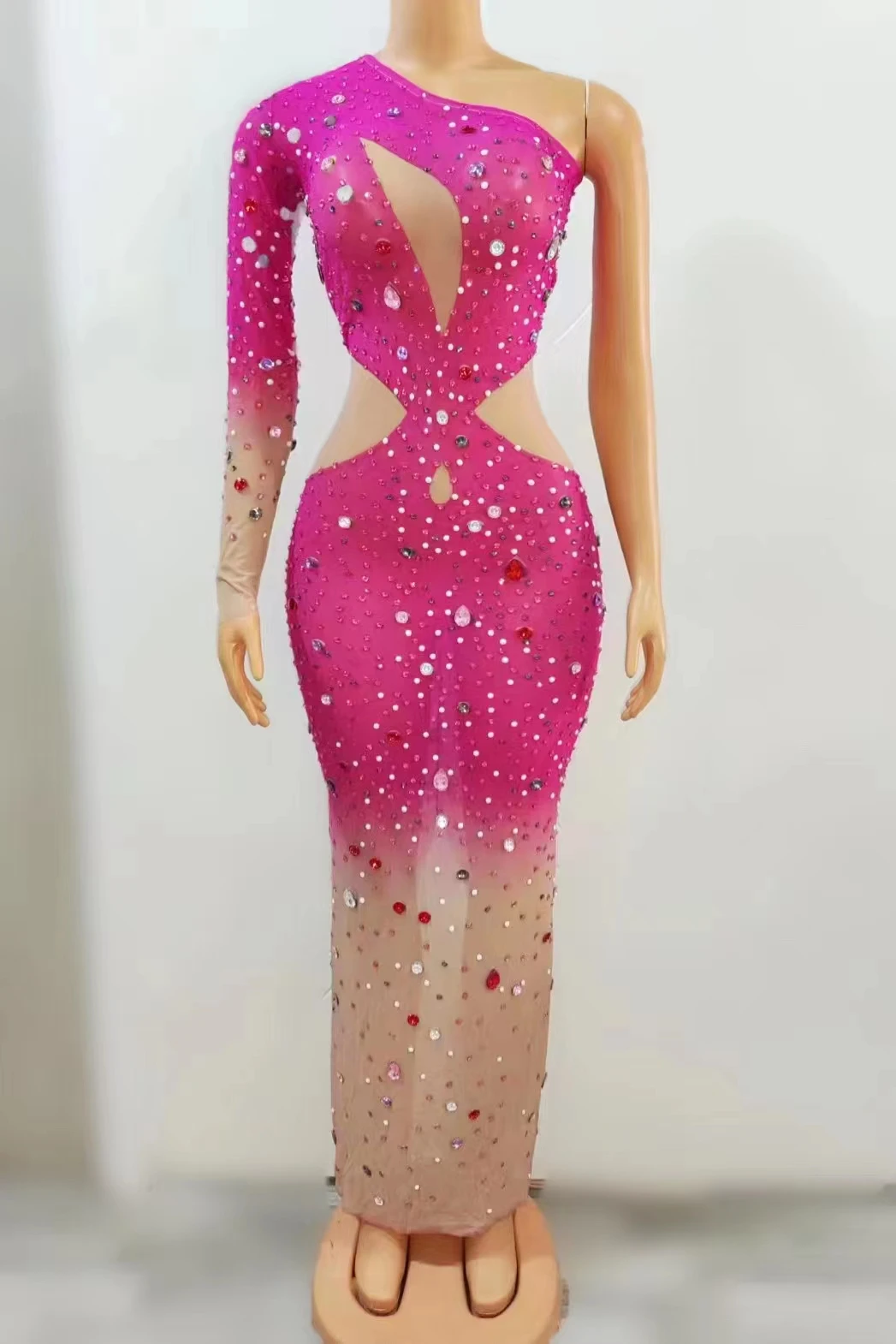 

Single Shoulder Hollowed Out Full DiamondCrystal Long Dress For Hosting A Runway ShowBirthday Party Red Carpet Nightclub A391