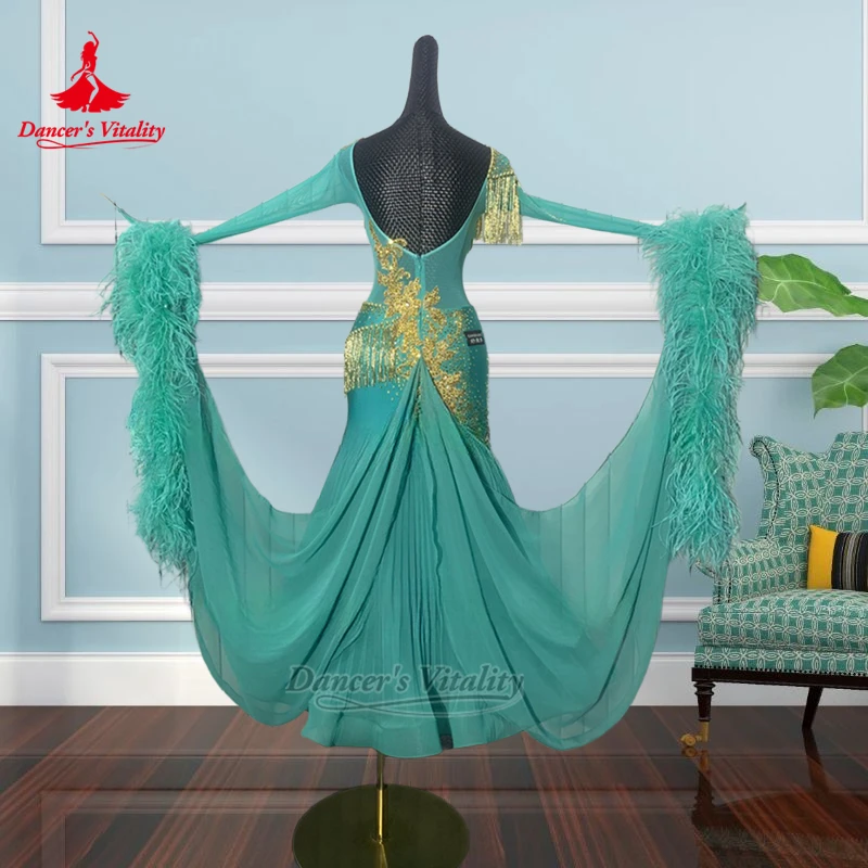 فساتين الفالس للبالغين ذات ثنيات بحاشية سفلية وأكمام طويلة فساتين فاخرة مخصصة لحيوية الراقصة والرقص الاجتماعي ملابس مسابقة ريش النعام #4