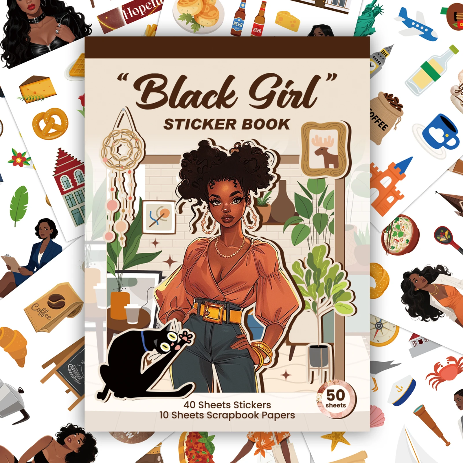 

50 Sheets Black Girl Series Sticker Book For Junk Journal Water Bottle Laptop Suitcase Phone Case Decoration Scrapbook Material