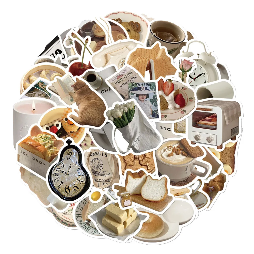 50PCS Vintage Breakfast Aesthetic Stickers Good Morning Cozy Food Cat Decorative Diary Water Cup Waterproof Stickers Kids Toy