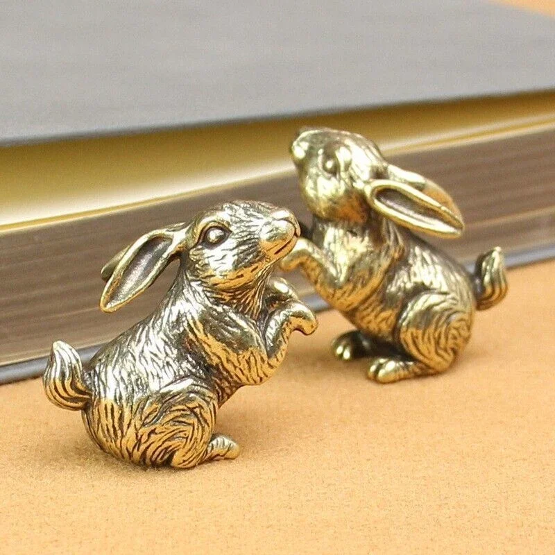Vintage Solid Brass Rabbit Figurine Chinese Zodiac Animal Statue Desktop Home Decor Collectible Ornament 2Pcs