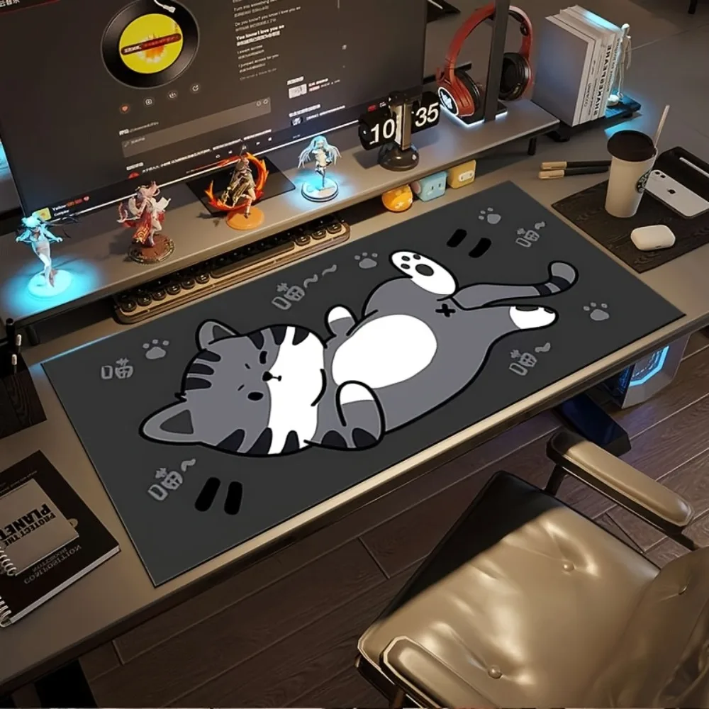 

Kawaii Lazy Grey Cat Large Mouse Pad, Cartoon Paw Print Non-Slip Desk Mat for Gaming & Home Decor