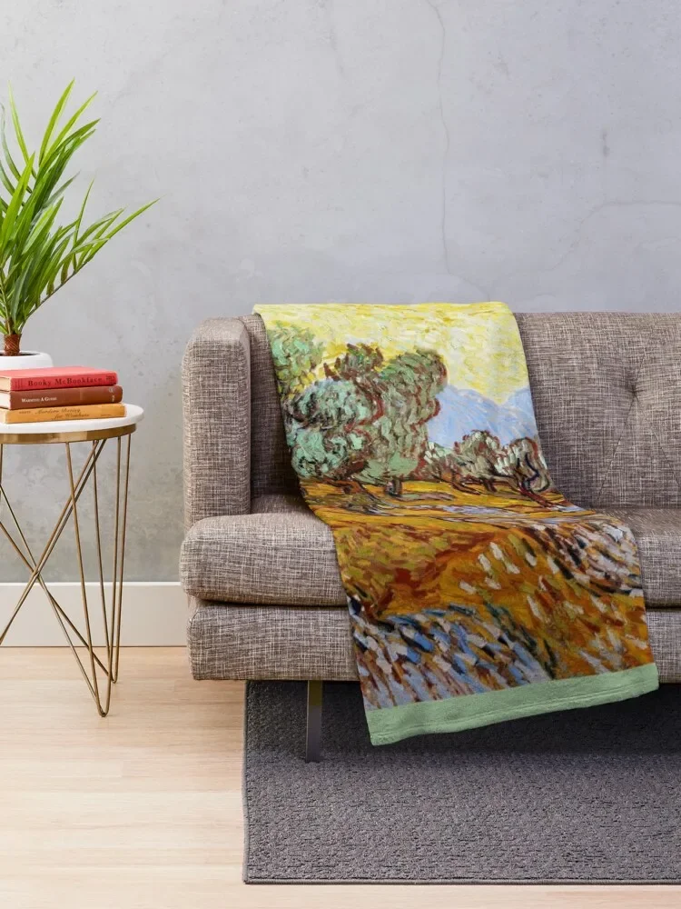 Van Gogh - Olive Trees with Yellow Sky and Sun Throw Blanket Thermal heavy to sleep Blankets