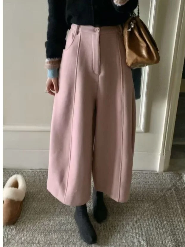 

Корейские утепленные зимние повседневные брюки для женщин с высокой талией, широкими штанинами, на флисовой подкладке, шерстяные, утягивающие фигуру