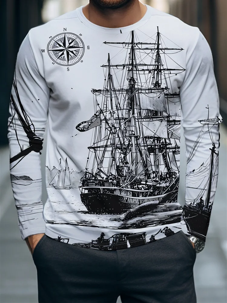 Men's Nautical Compass Sailing Ship Long Sleeve T-Shirt White Graphic Tee Pullover Tops Gift New 2026 Casual Streetwear Hot