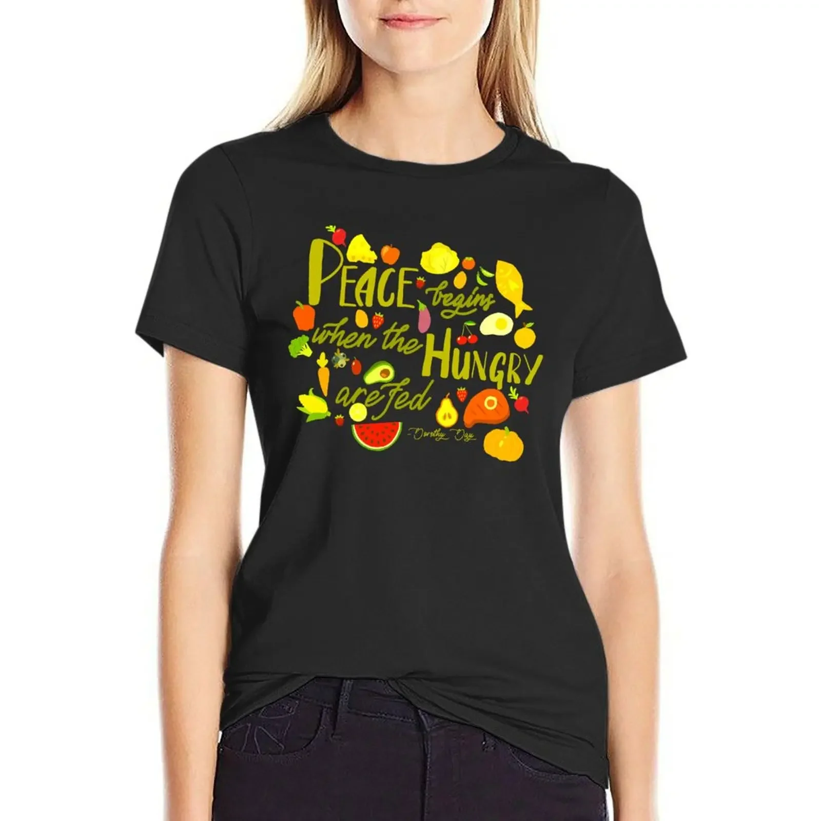 

DONATE Peace Begins When the Hungry are Fed Quote - Yellow/Green T-Shirt hippie clothes summer tops western t shirts for Women