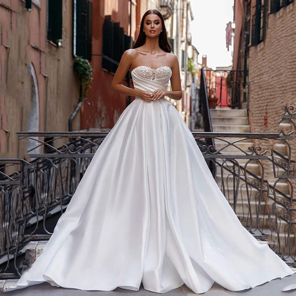 Robe de Mariée Trapèze en Satin à Paillettes Magnifiques, Plis en Fibre, pour Patients, Quelle que soit la Mariée, 2024