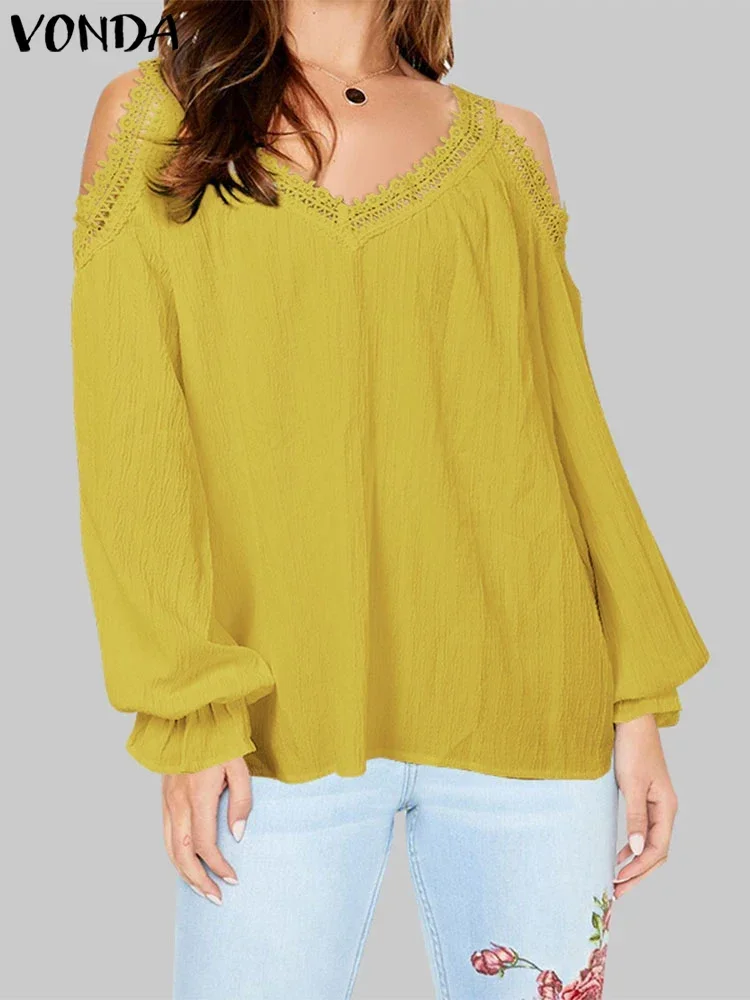 

VONDA Plus Size 5XL Women Lace Patchwork Blouse 2025 Summer Long Sleeve Off Shoulder Tops V-neck Shirt Casual Loose Solid Blusas