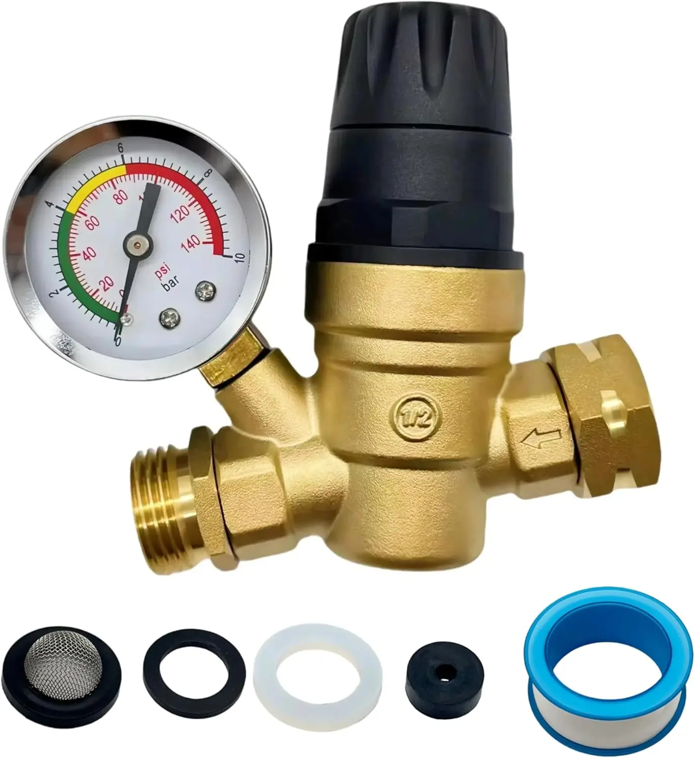 

RV Water Pressure Regulator Valve - Adjustable Brass (Lead-Free) with Gauge & Filter, 3.5 Bar, Tool-Free Install