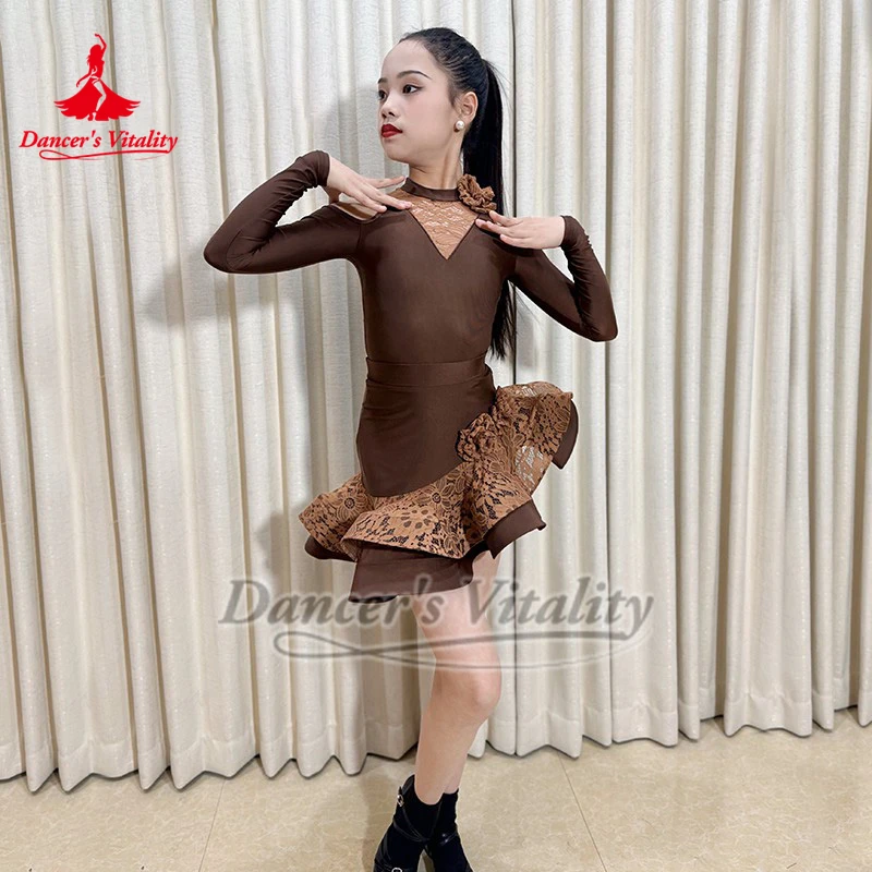 Kinderen en adolescenten Latijnsbruin Mesh Zoom Lange mouwen Tweedelig pak Danser Vitaliteit Chacha Samba Paso Doble Kleding