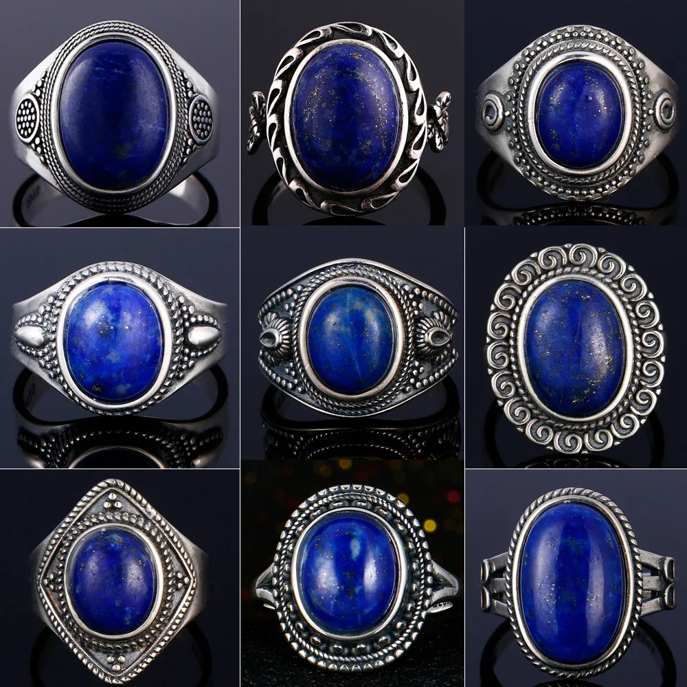 925 Sterling Silver Natural Big Oval Natural Lapis Lazuli Ring for Women Men Gift Vintage Large Ring Wholesale Fine Jewelry