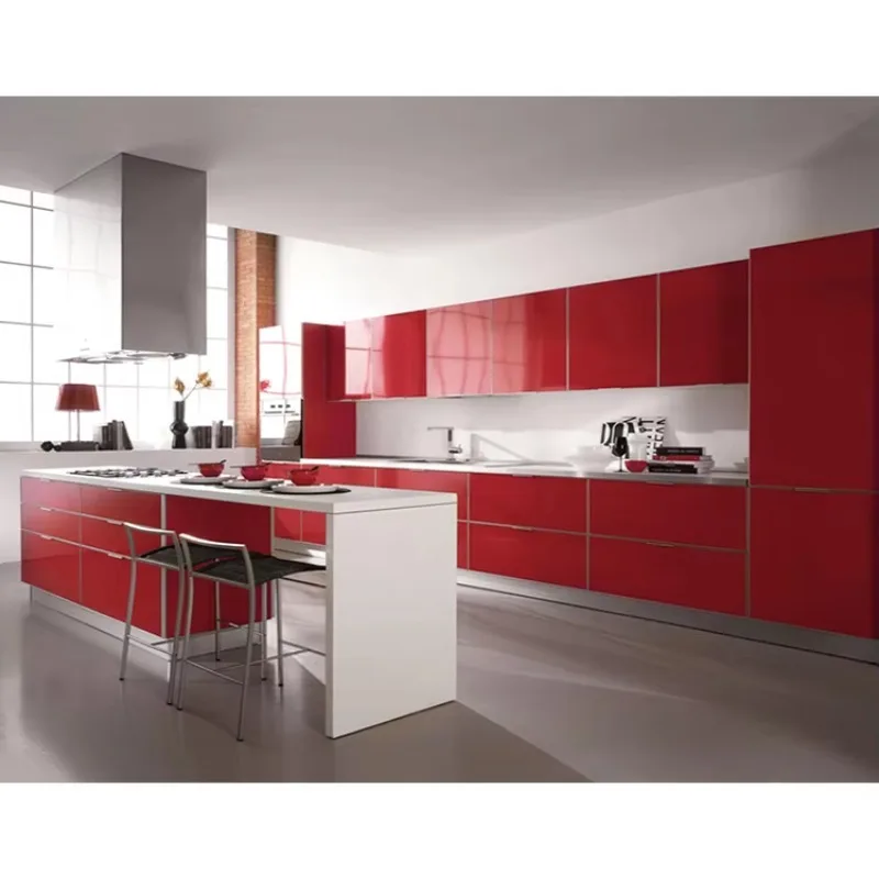 Modern Glossy Mdf Wood Cabinets Simple Design Custom High Gloss Red Finish Lacquer Small Wooden Kitchen Cabinet Set For Sale
