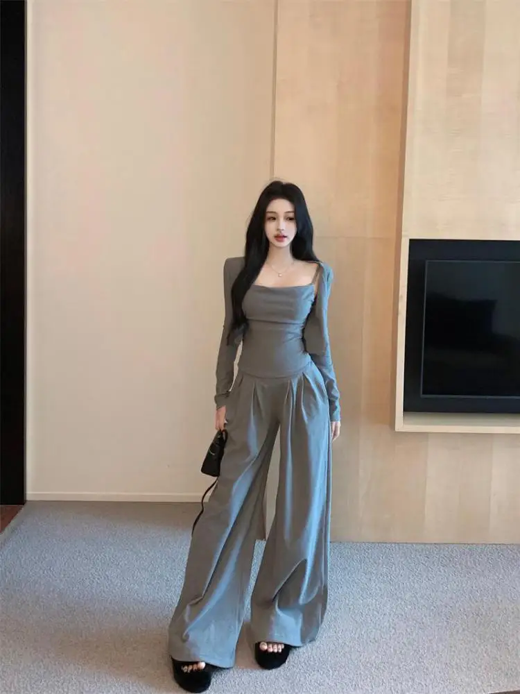 

Осень-зима 2024, женский однотонный элегантный тонкий кардиган, пальто + короткие топы и плиссированные широкие брюки с высокой талией, комплект из трех предметов