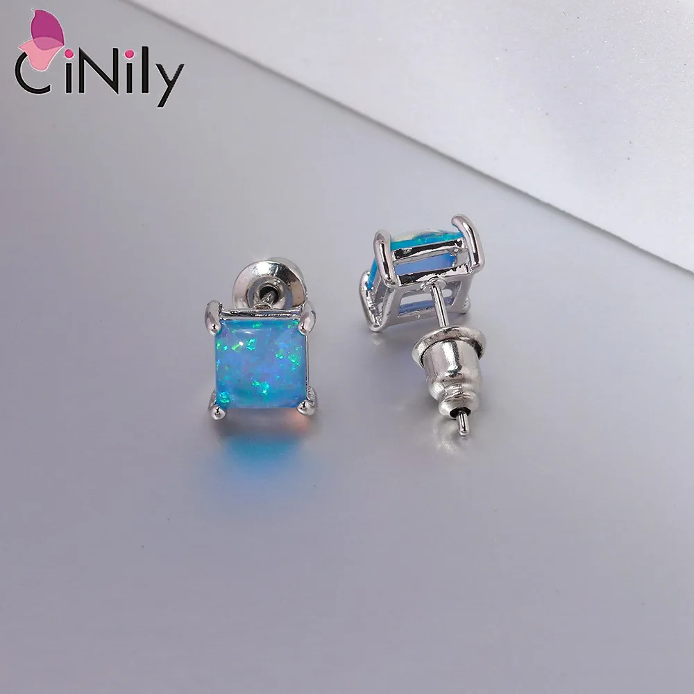 CiNily-pendientes de plata de ley 925 con forma cuadrada para mujer y niña, joyería de ópalo de Fuego Azul, SE018