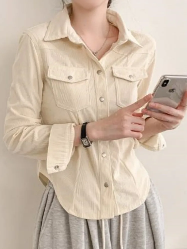 

Chic Autumn Vintage Slim Fit Long Sve Corduroy irt Women's Double ket Busin Casual Online Exclusive Faion