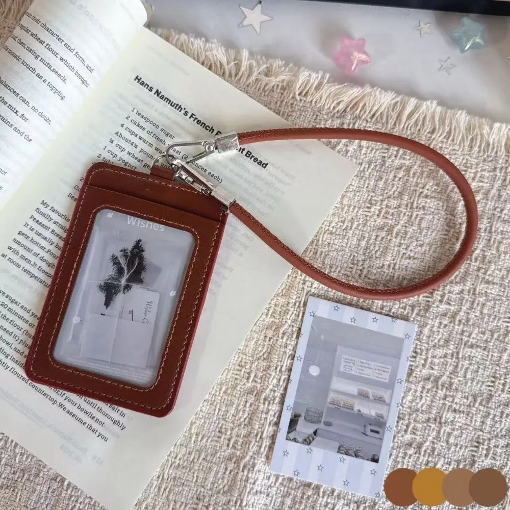 Minimalist PU Leather Card Holder Dual-Slot With Hand Wrist Strap ID Card Cover Access Control Card Sleeve Access Control Card