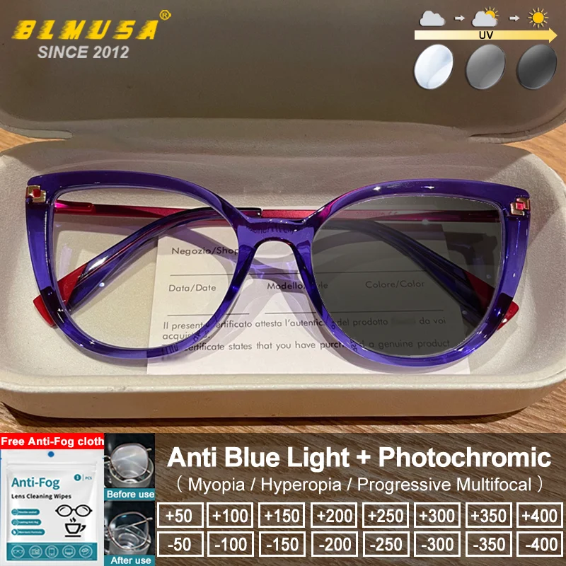 

BLMUSA Casual Style Trendy Women Cat Eye Photochromic Prescription Glasses Skinny Face Anti Blue Ray Reading Optical Eyeglasses