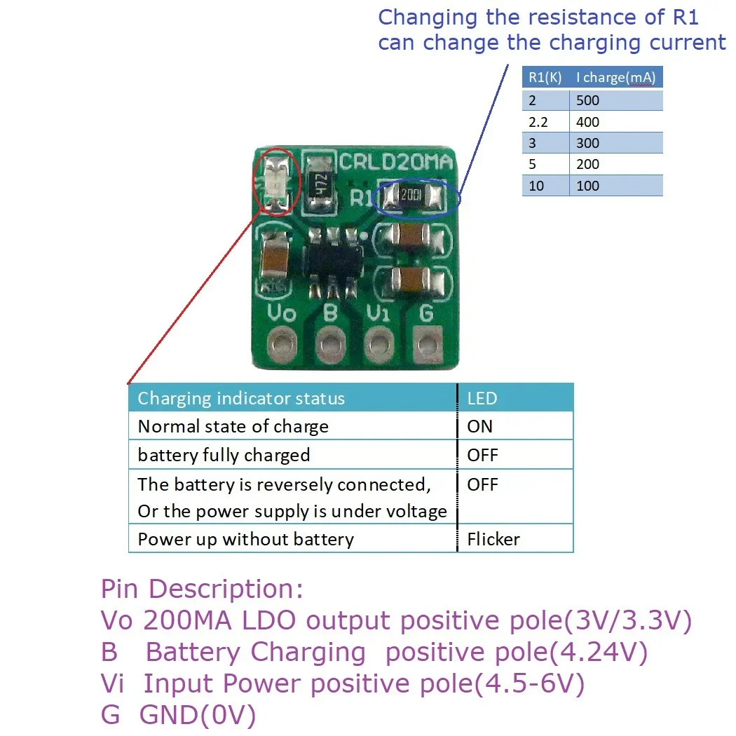 CRLD20MA Mini 2 in 1 3.7V 3.8V Li-Ion Li-Polymer Battery Charger & 4.2V to 3.3V 3V Ldo Buck Dc Dc Converter Module Ups Diy Board