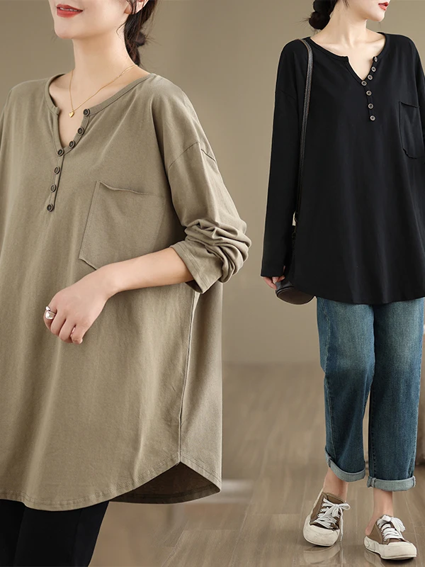 

Свободная удлиненная футболка с V-образным вырезом для женщин больших размеров, повседневная базовая однотонная блузка, винтажный стиль, зимняя модная женская футболка