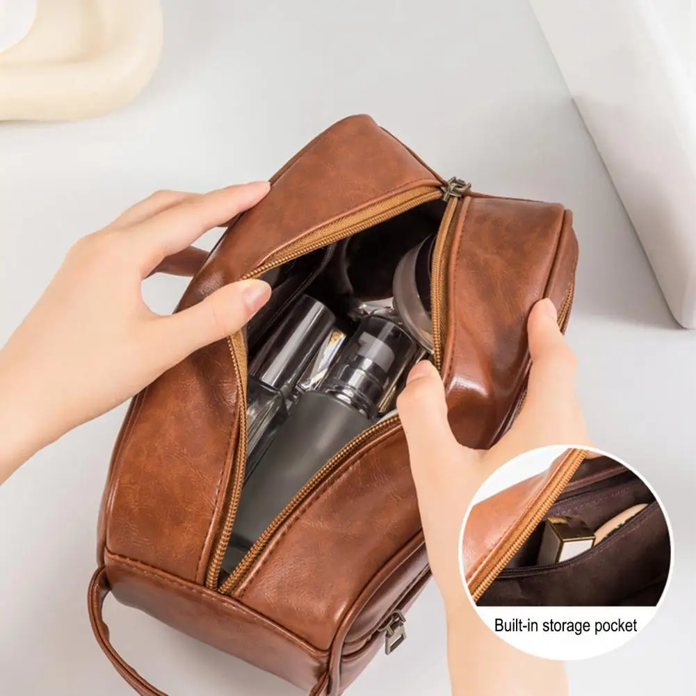 Vintage Makeup Bag Faux Leather Men Travel Toiletry Pouch Waterproof Cosmetics Organizer Bag for Vacation Business Trips